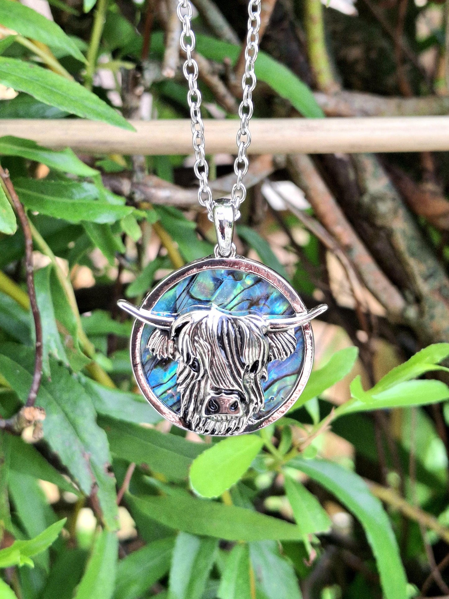 Abalone Shell Highland Cow Necklace - Choose Your Chain Style