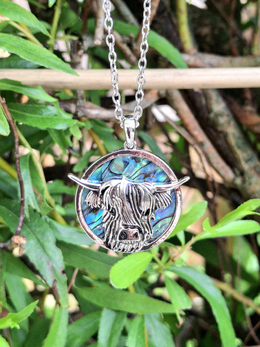 Abalone Shell Highland Cow Necklace - Choose Your Chain Style