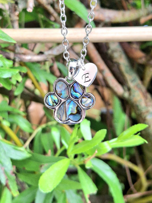 Personalised Paw Print Necklace with Abalone Shell & Initial Heart Charm