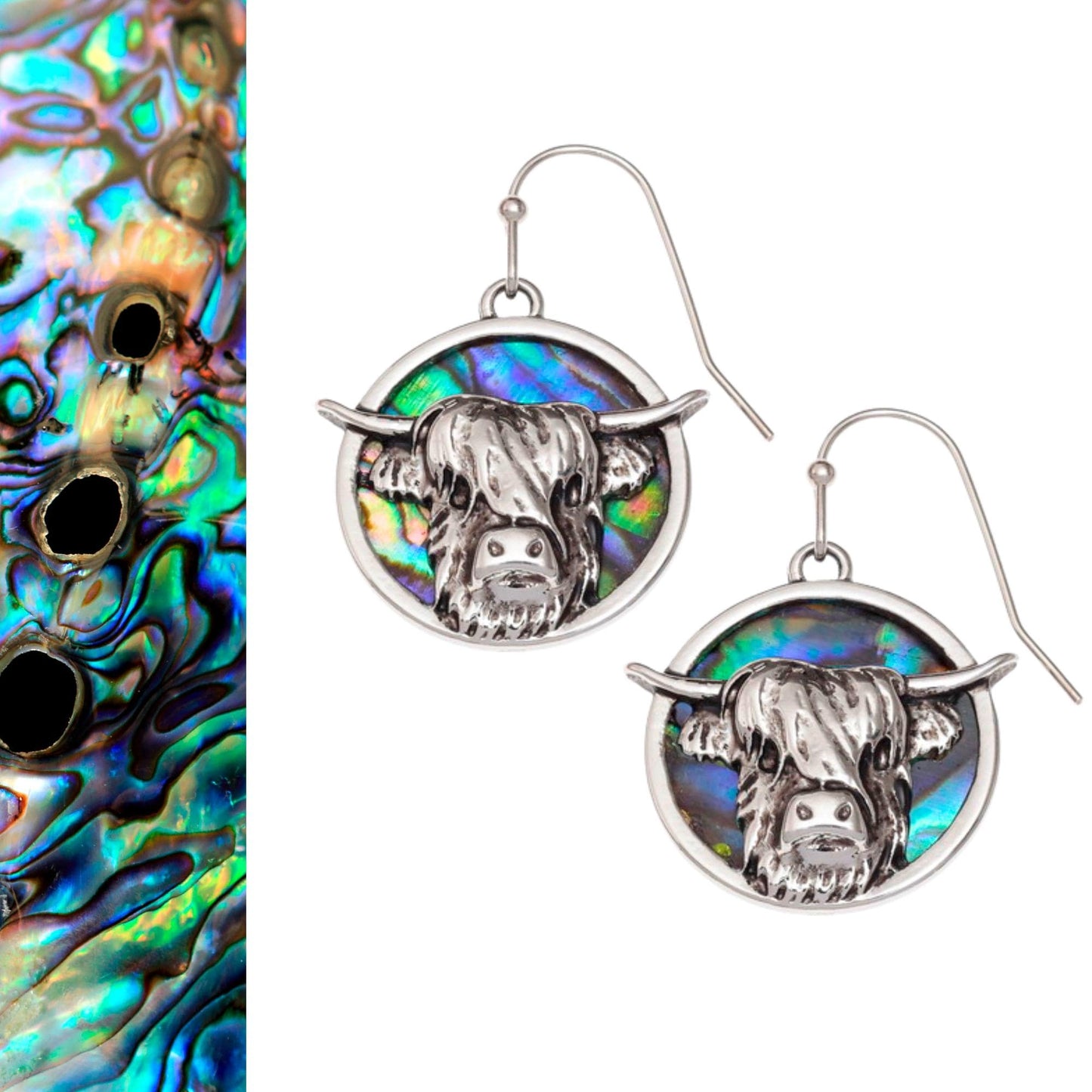 Abalone Shell Highland Cow Earrings - Choose Your Ear Wire