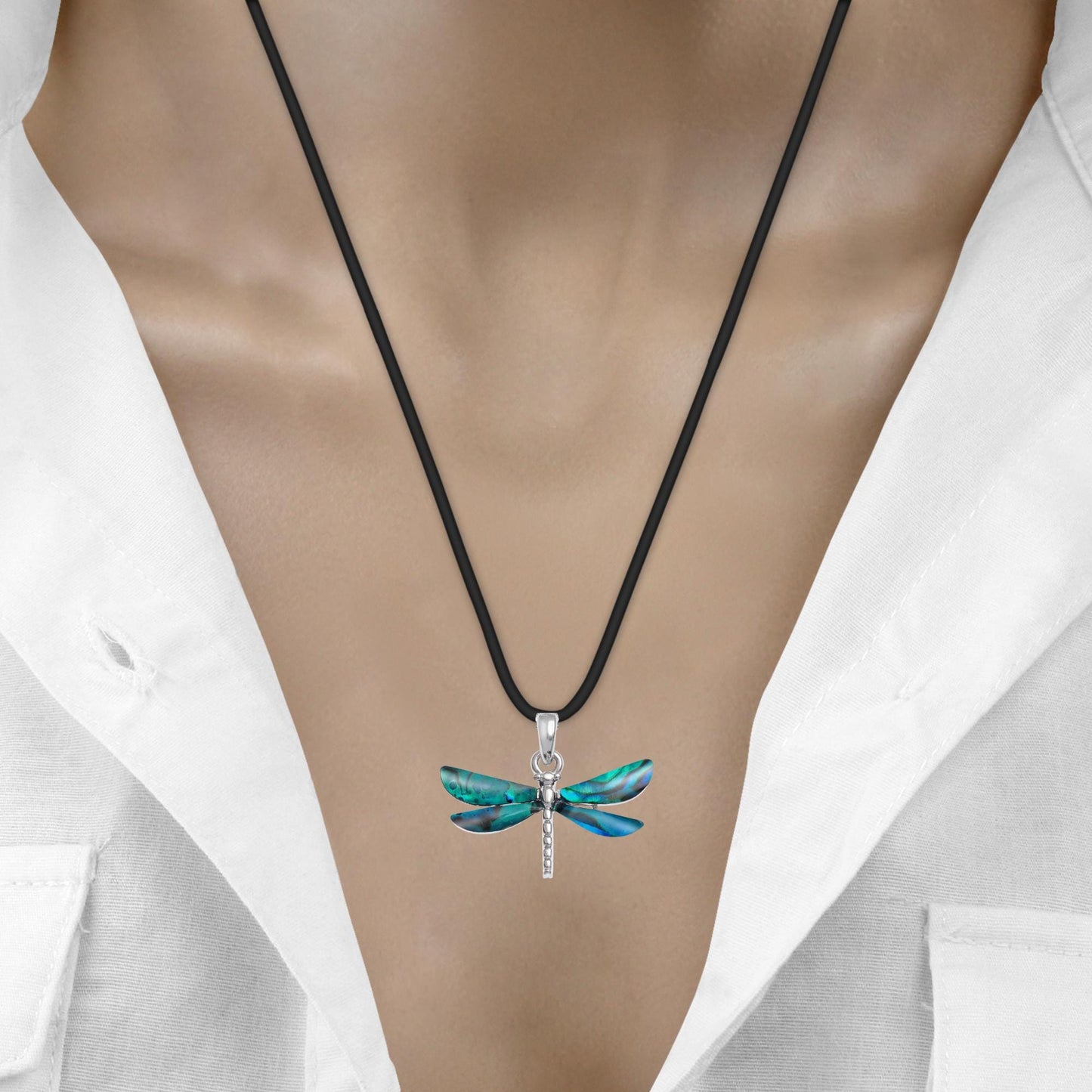 Blue Abalone Shell Dragonfly Necklace - Choose Your Chain Style