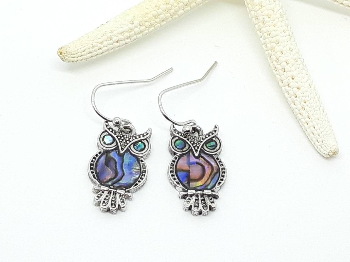 Abalone Shell Owl Bird Earrings - Choose Your Ear Wire