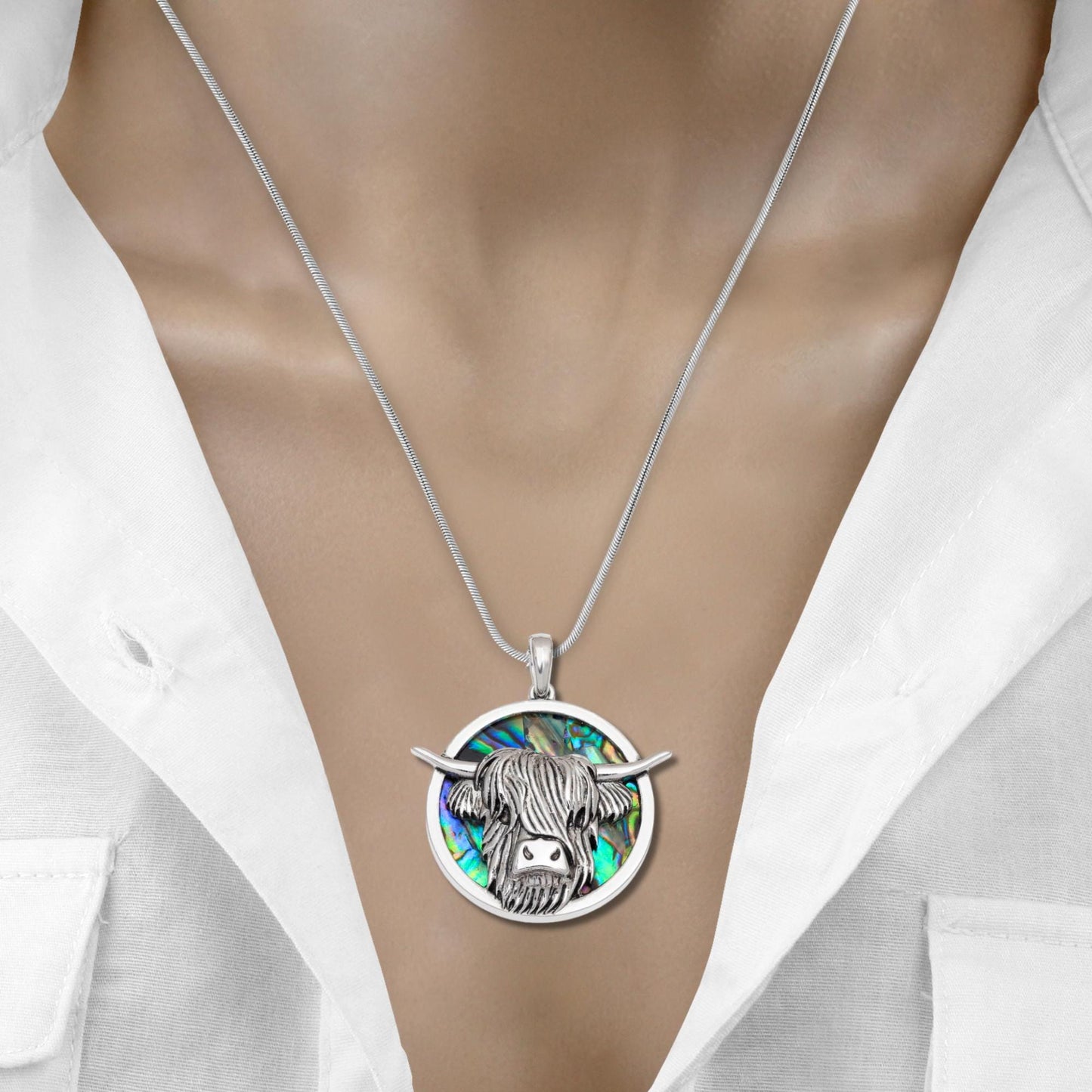 Abalone Shell Highland Cow Necklace - Choose Your Chain Style