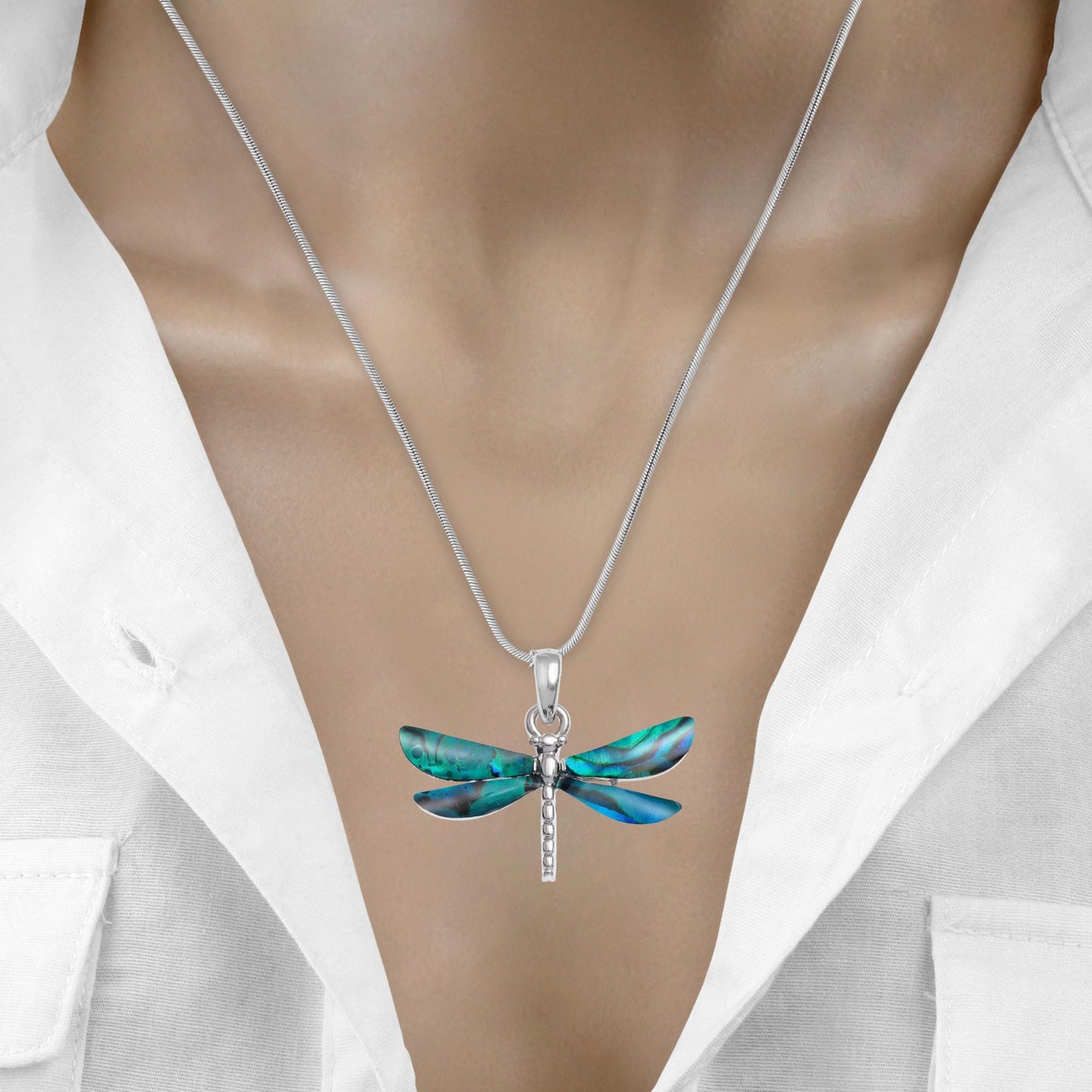 Blue Abalone Shell Dragonfly Necklace - Choose Your Chain Style