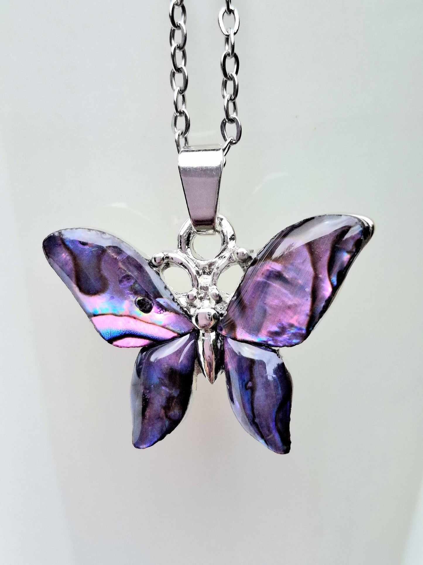 Purple Abalone Shell Butterfly Necklace - Choose Your Chain Style