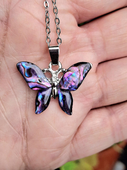 Purple Abalone Shell Butterfly Necklace - Choose Your Chain Style