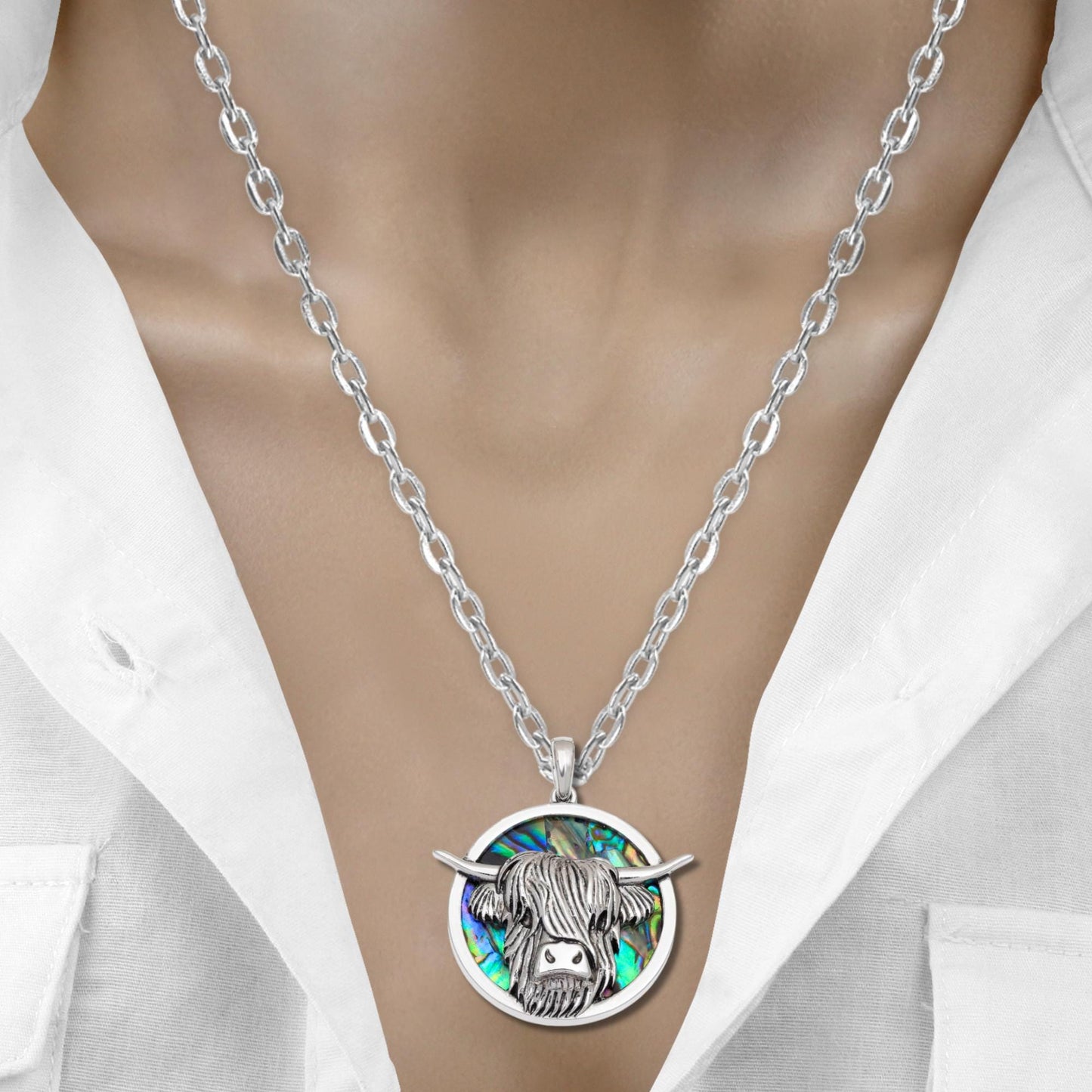Abalone Shell Highland Cow Necklace - Choose Your Chain Style