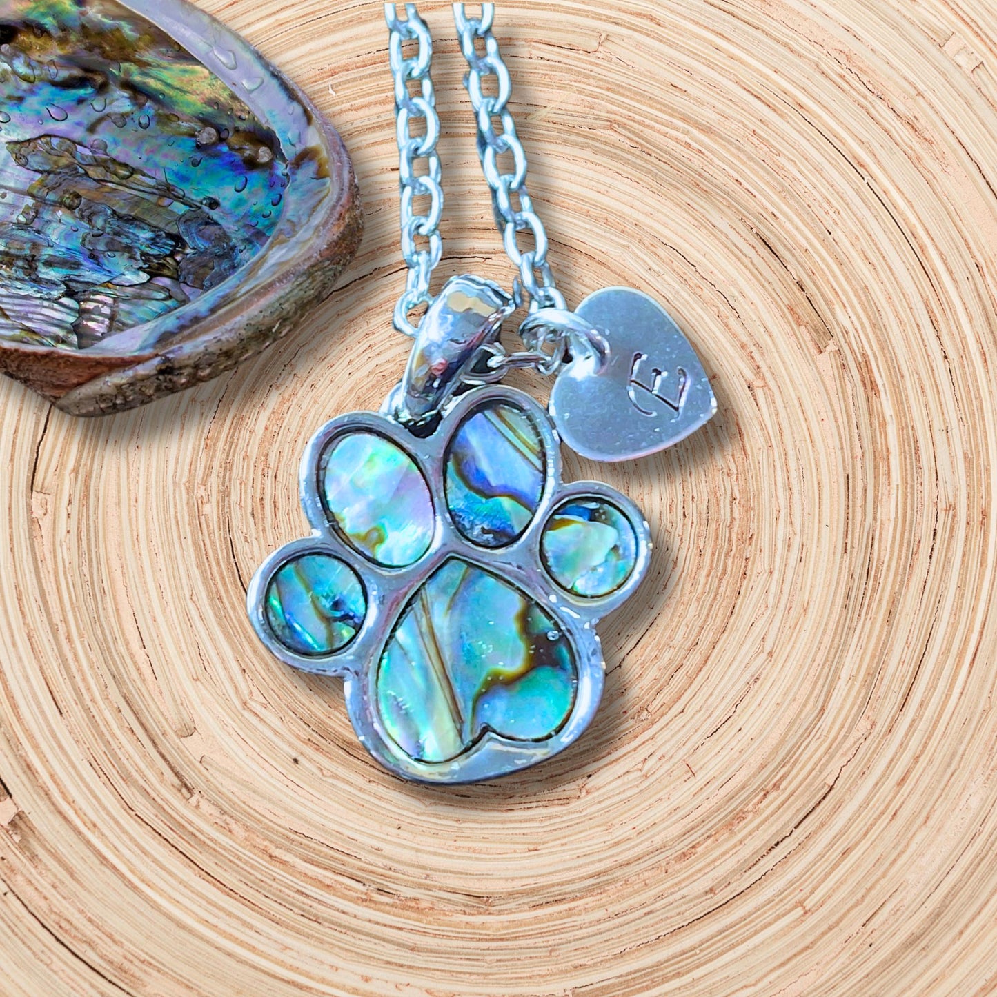 Personalised Paw Print Necklace with Abalone Shell & Initial Heart Charm