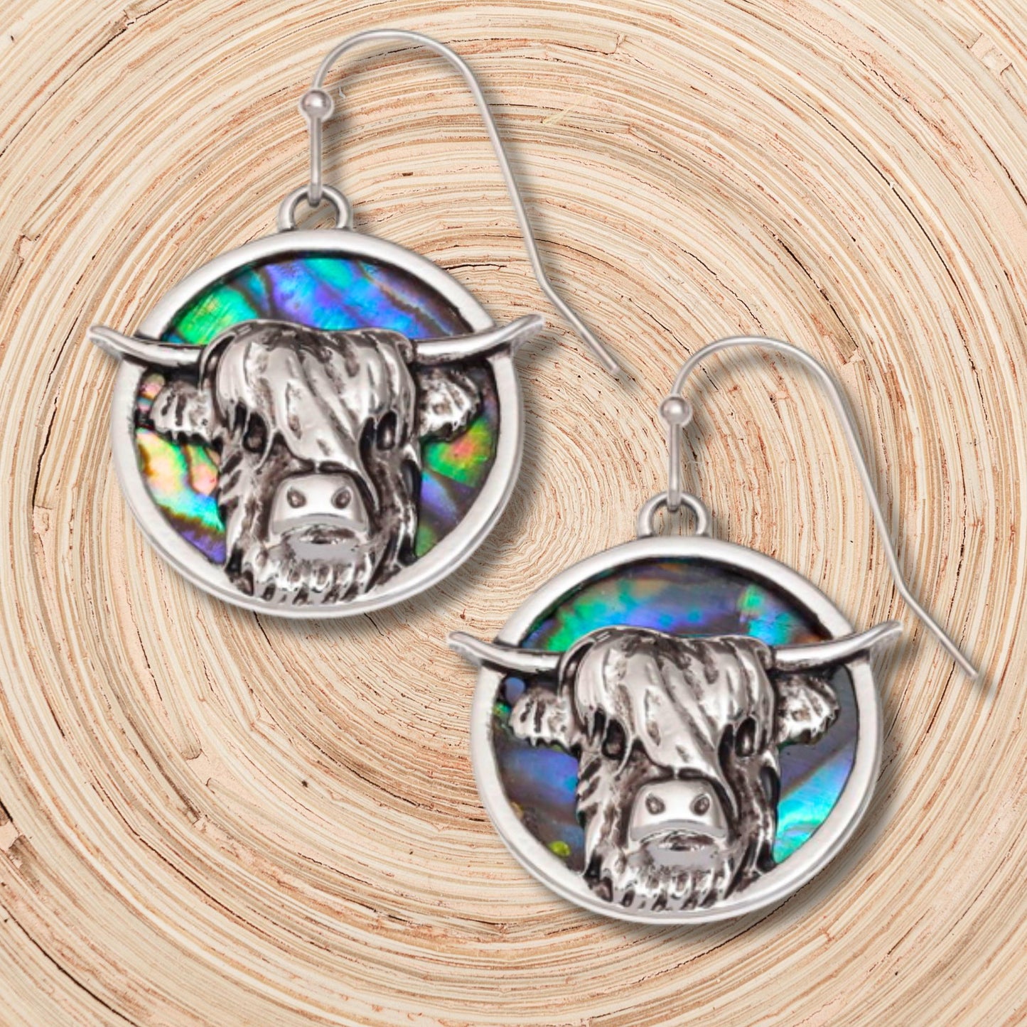 Abalone Shell Highland Cow Earrings - Choose Your Ear Wire