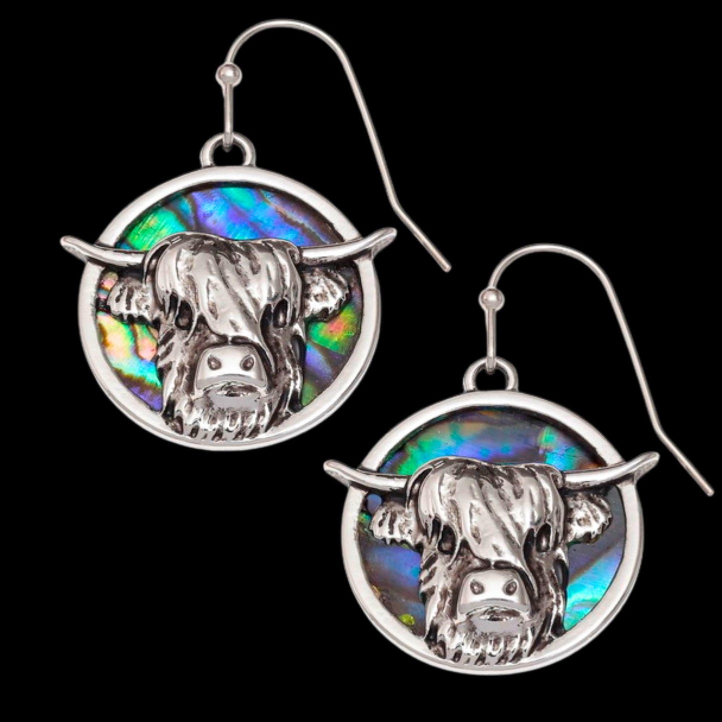 Abalone Shell Highland Cow Earrings - Choose Your Ear Wire