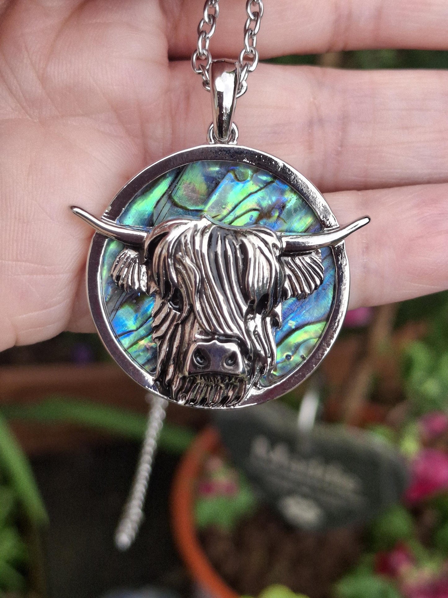 Abalone Shell Highland Cow Necklace - Choose Your Chain Style
