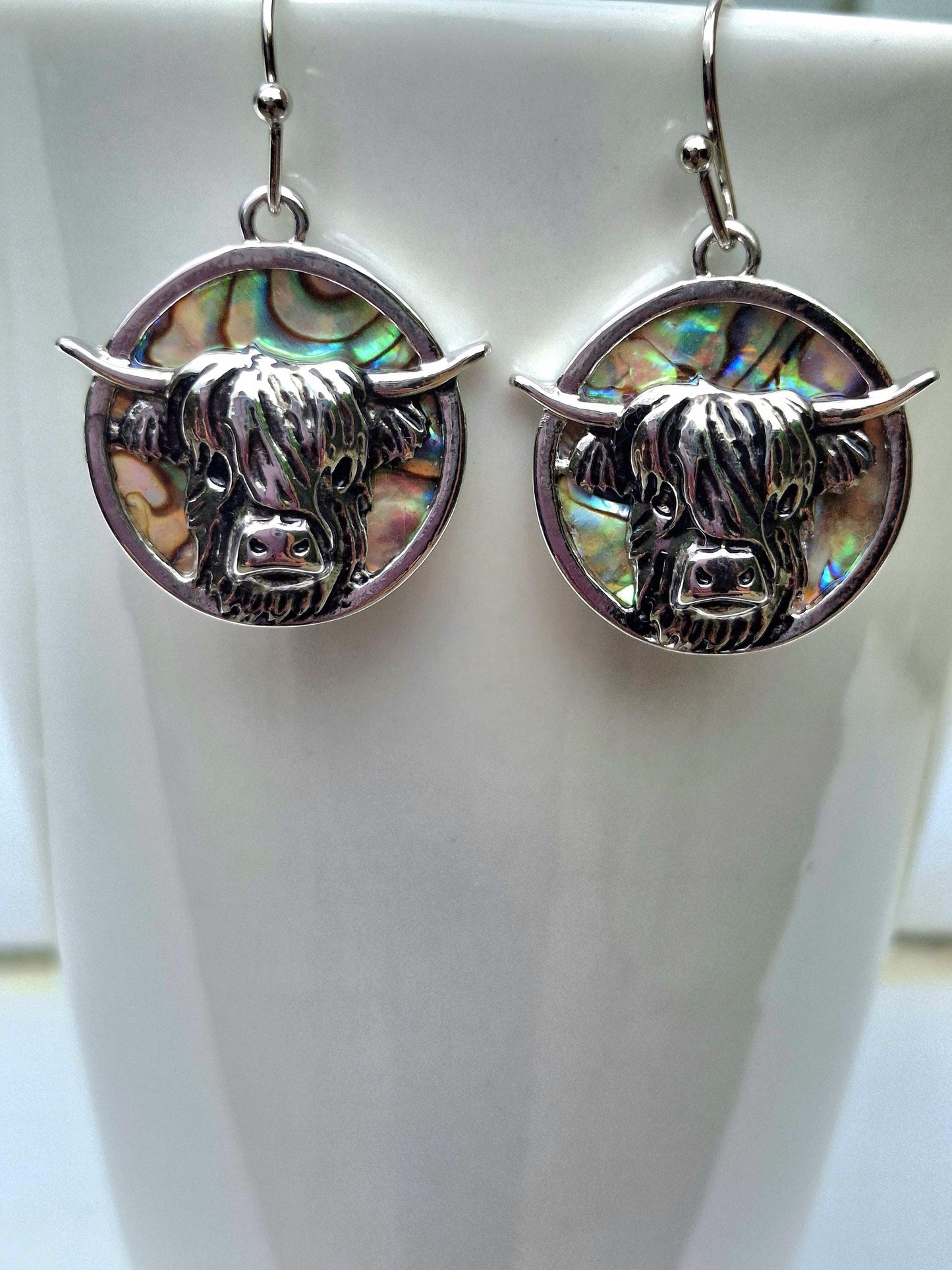 Abalone Shell Highland Cow Earrings - Choose Your Ear Wire