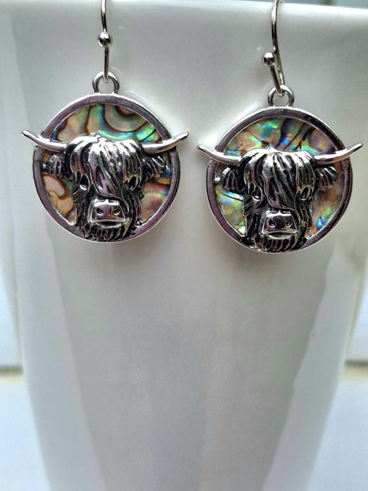 Abalone Shell Highland Cow Earrings - Choose Your Ear Wire