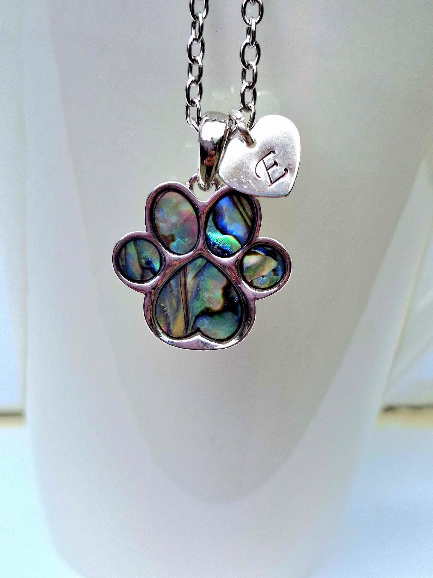 Personalised Paw Print Necklace with Abalone Shell & Initial Heart Charm