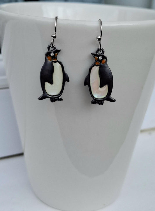 Emperor Penguin Bird Mother of Pearl Shell Earrings - Choose You Ear Wire