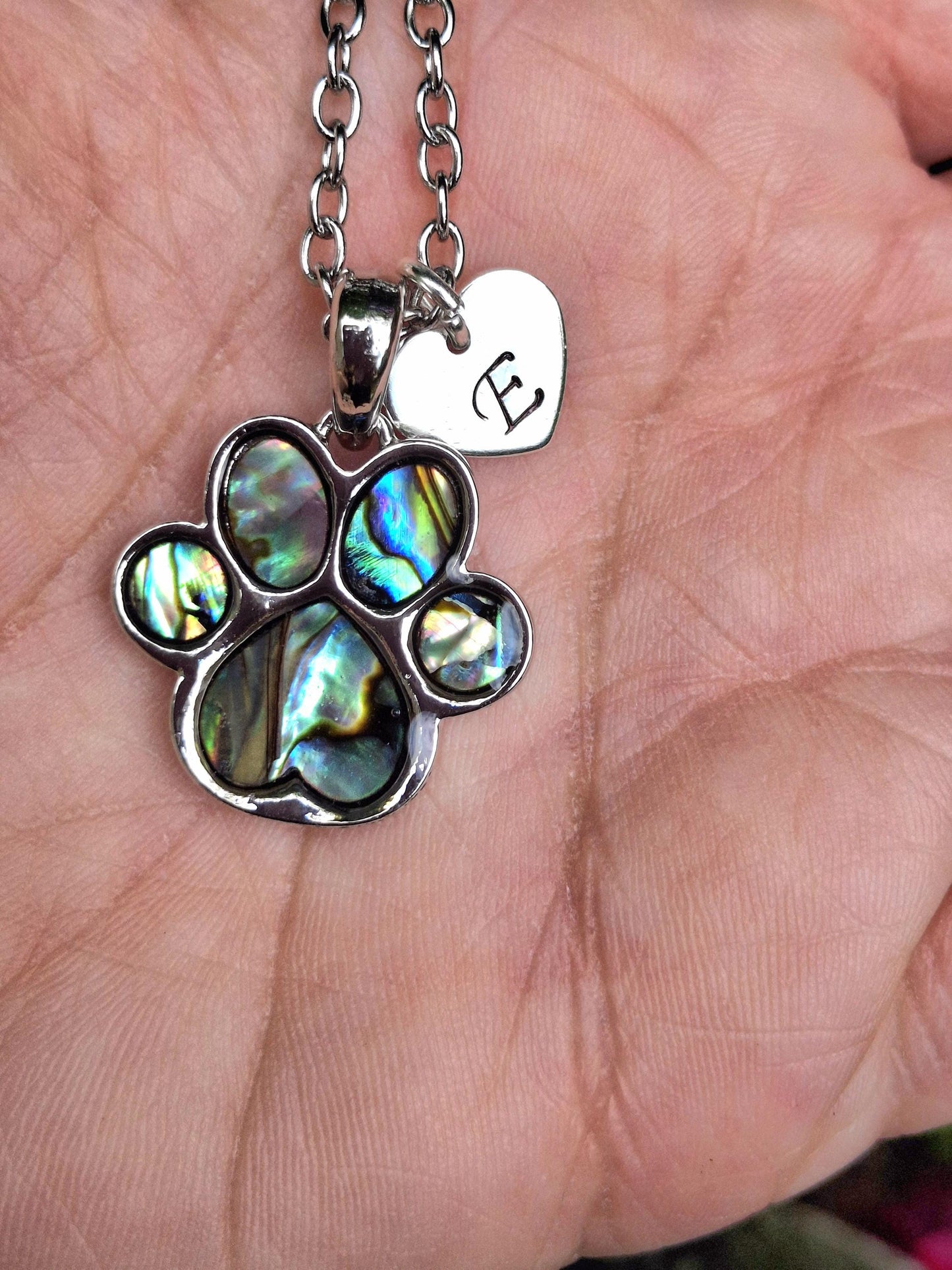 Personalised Paw Print Necklace with Abalone Shell & Initial Heart Charm