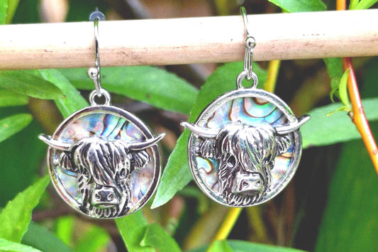 Abalone Shell Highland Cow Earrings - Choose Your Ear Wire