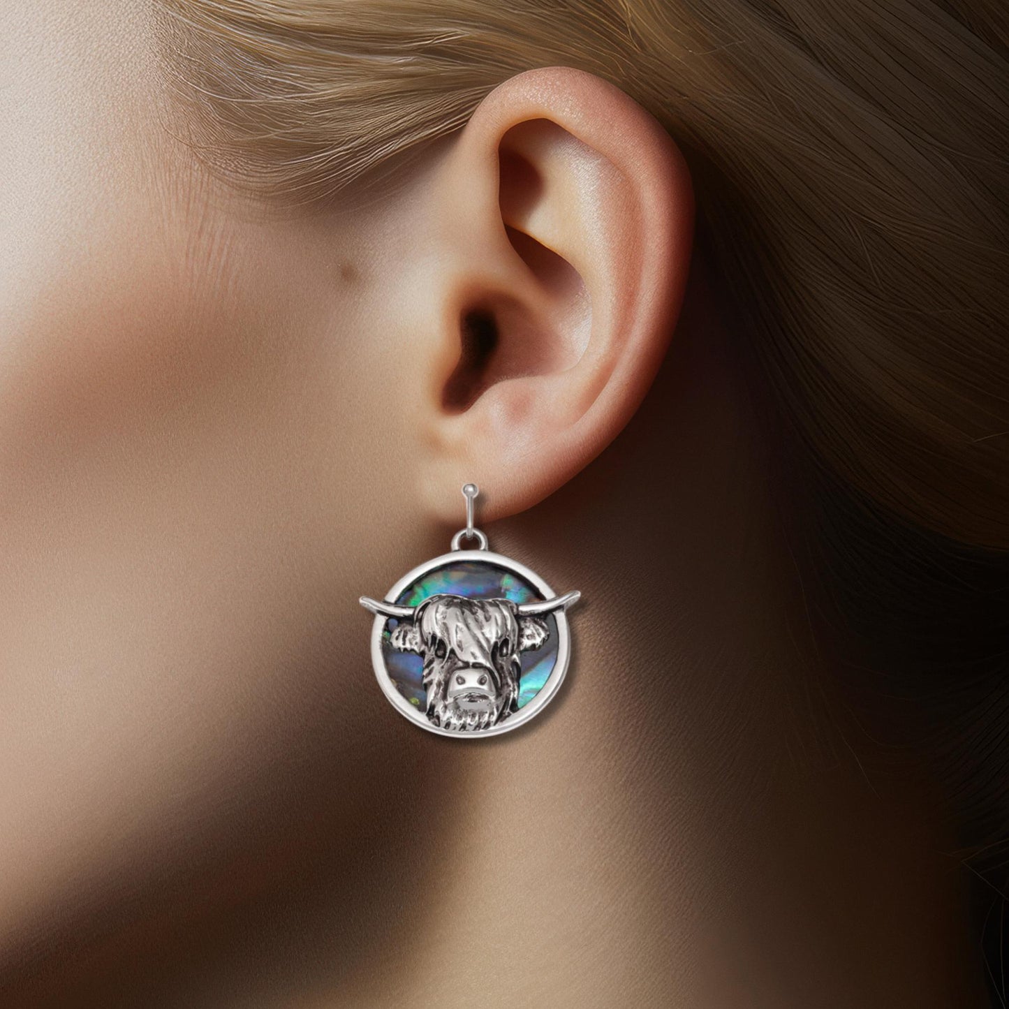 Abalone Shell Highland Cow Earrings - Choose Your Ear Wire